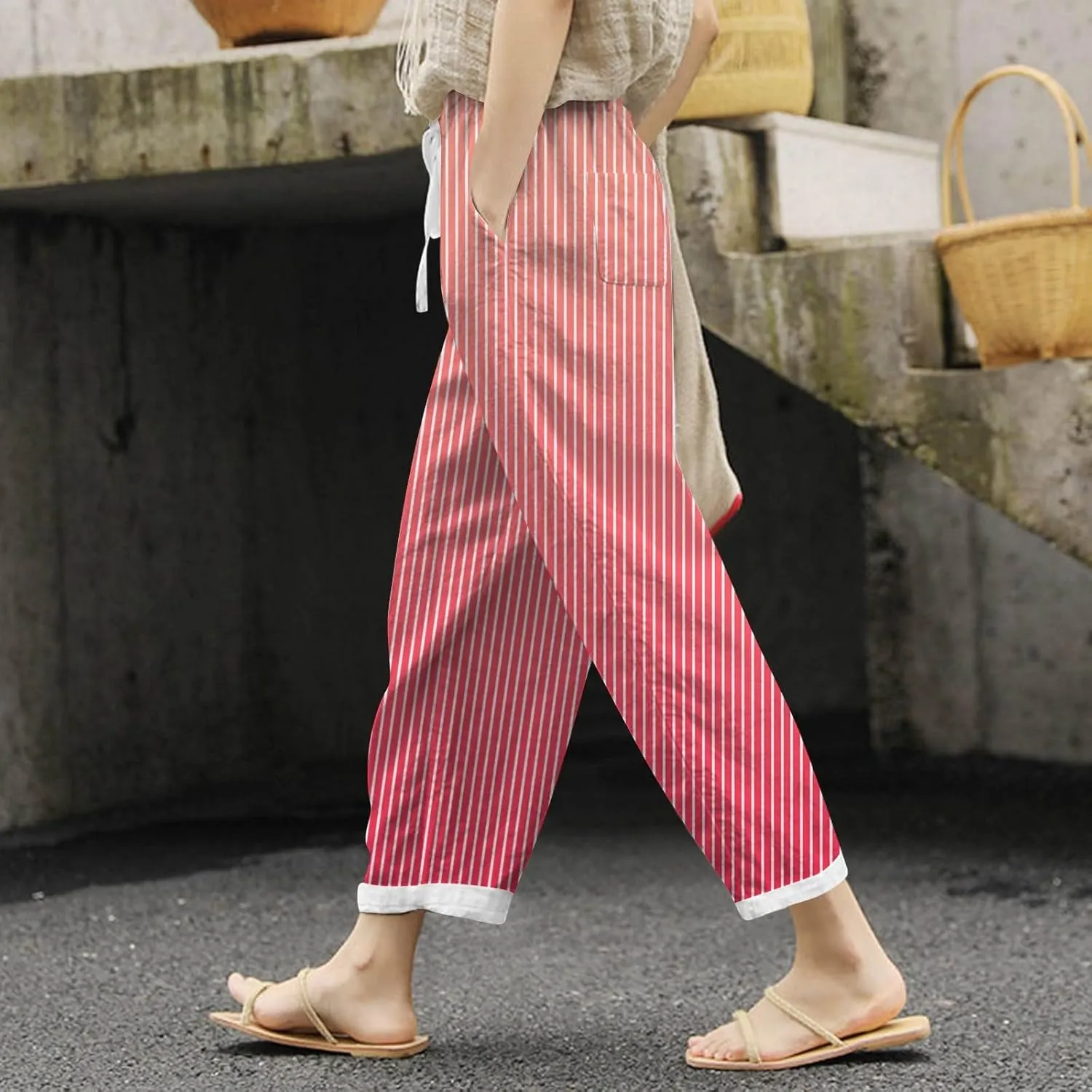 Womens Pants Summer Casual Cotton Linen Striped Print Pants Plus Size High Waist Loose Fit Drawstring Trousers with Pockets
