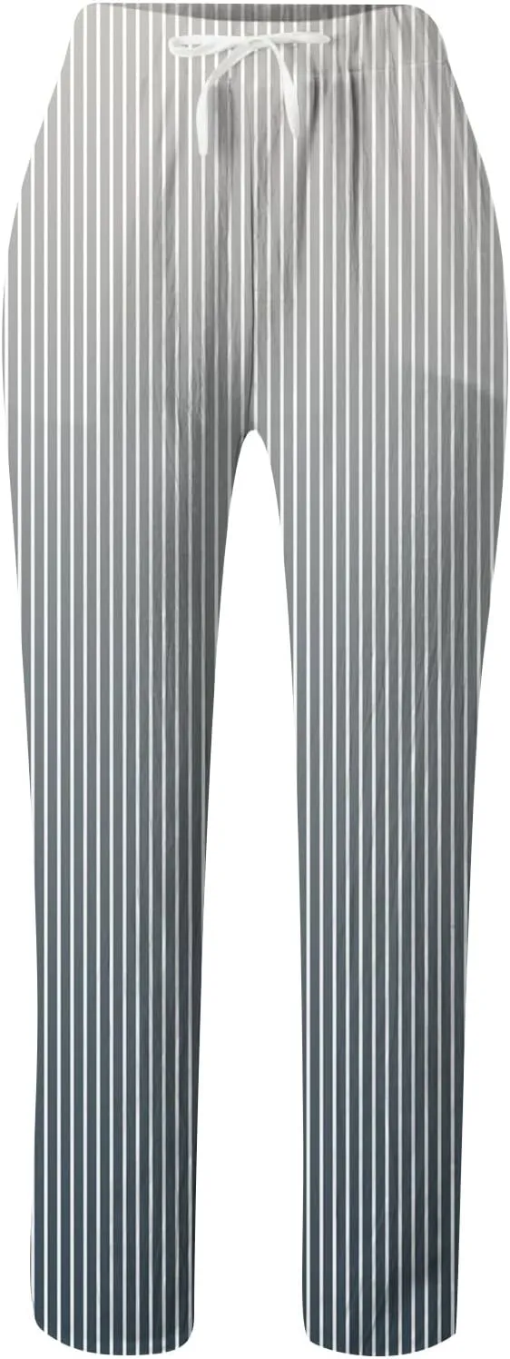 Womens Pants Summer Casual Cotton Linen Striped Print Pants Plus Size High Waist Loose Fit Drawstring Trousers with Pockets