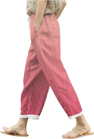 Womens Pants Summer Casual Cotton Linen Striped Print Pants Plus Size High Waist Loose Fit Drawstring Trousers with Pockets