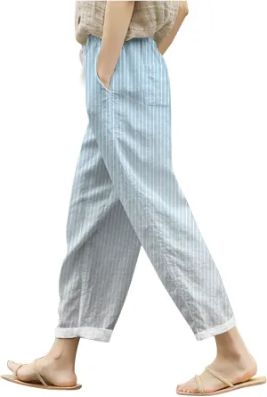 Womens Pants Summer Casual Cotton Linen Striped Print Pants Plus Size High Waist Loose Fit Drawstring Trousers with Pockets