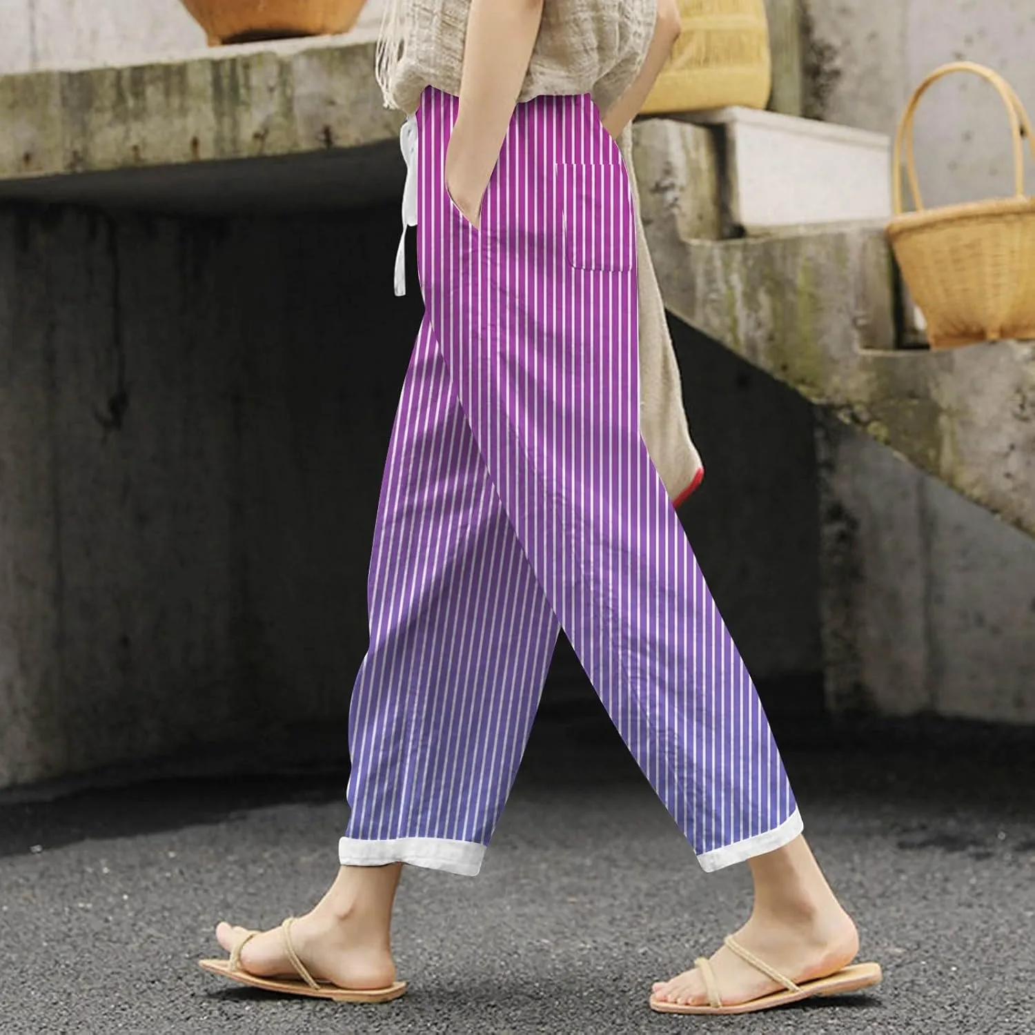 Womens Pants Summer Casual Cotton Linen Striped Print Pants Plus Size High Waist Loose Fit Drawstring Trousers with Pockets
