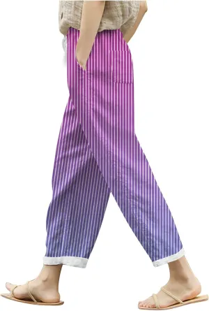 Womens Pants Summer Casual Cotton Linen Striped Print Pants Plus Size High Waist Loose Fit Drawstring Trousers with Pockets