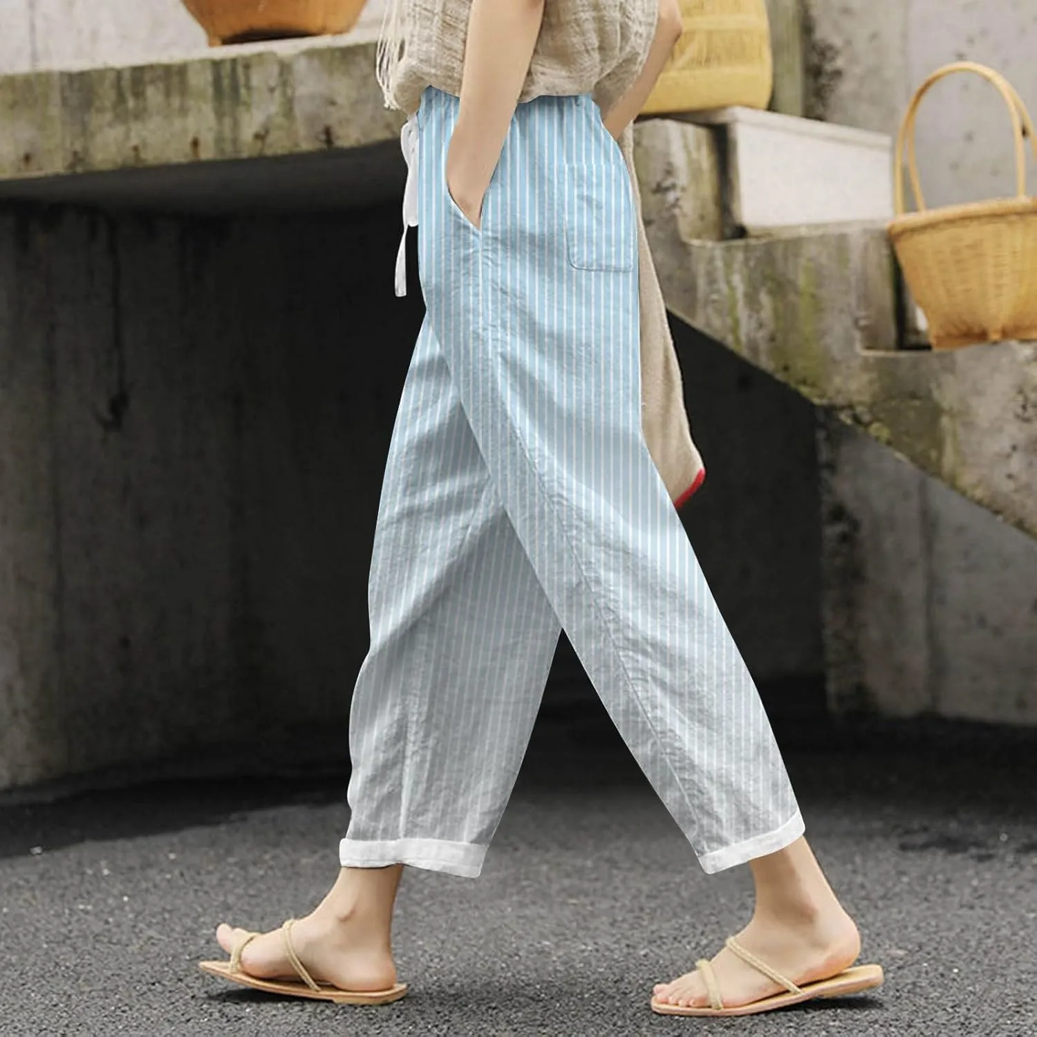 Womens Pants Summer Casual Cotton Linen Striped Print Pants Plus Size High Waist Loose Fit Drawstring Trousers with Pockets