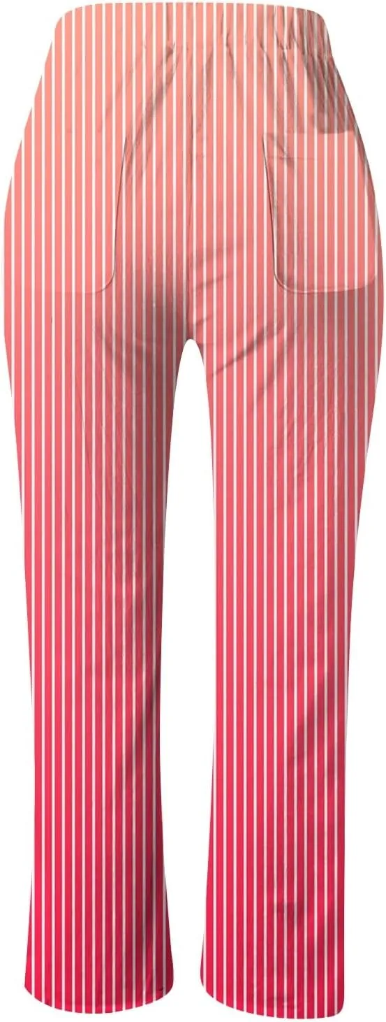 Womens Pants Summer Casual Cotton Linen Striped Print Pants Plus Size High Waist Loose Fit Drawstring Trousers with Pockets