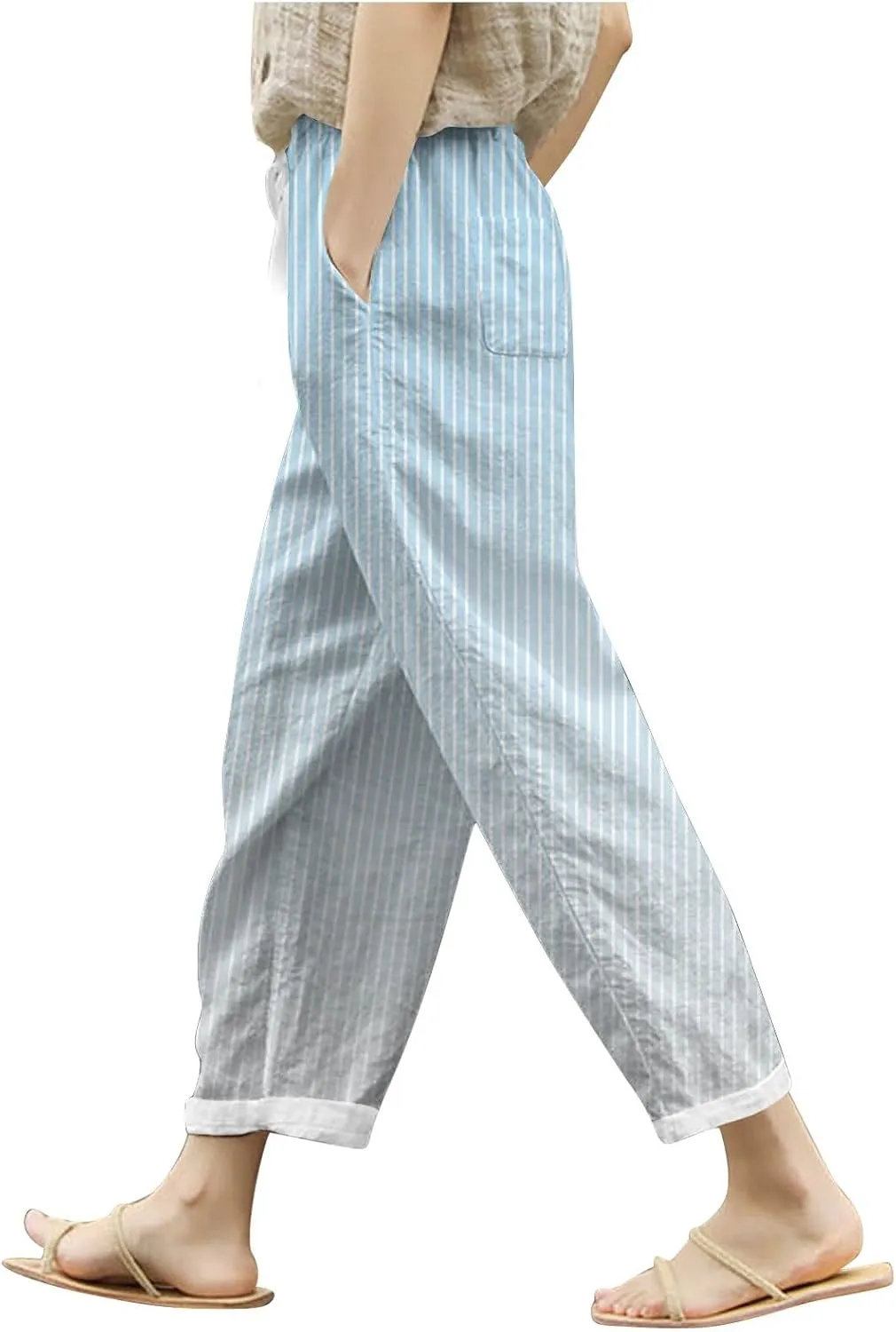 Womens Pants Summer Casual Cotton Linen Striped Print Pants Plus Size High Waist Loose Fit Drawstring Trousers with Pockets
