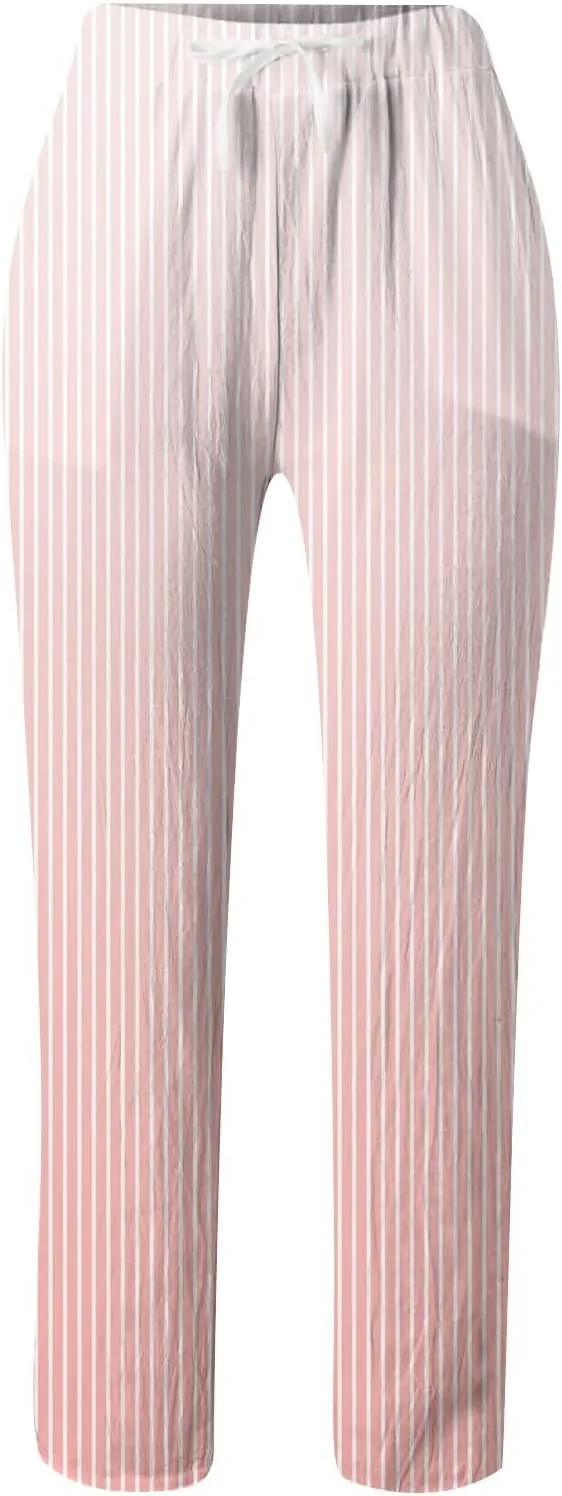 Womens Pants Summer Casual Cotton Linen Striped Print Pants Plus Size High Waist Loose Fit Drawstring Trousers with Pockets