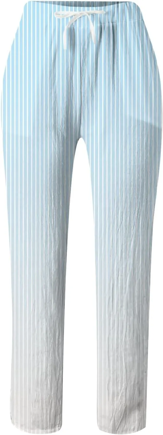 Womens Pants Summer Casual Cotton Linen Striped Print Pants Plus Size High Waist Loose Fit Drawstring Trousers with Pockets