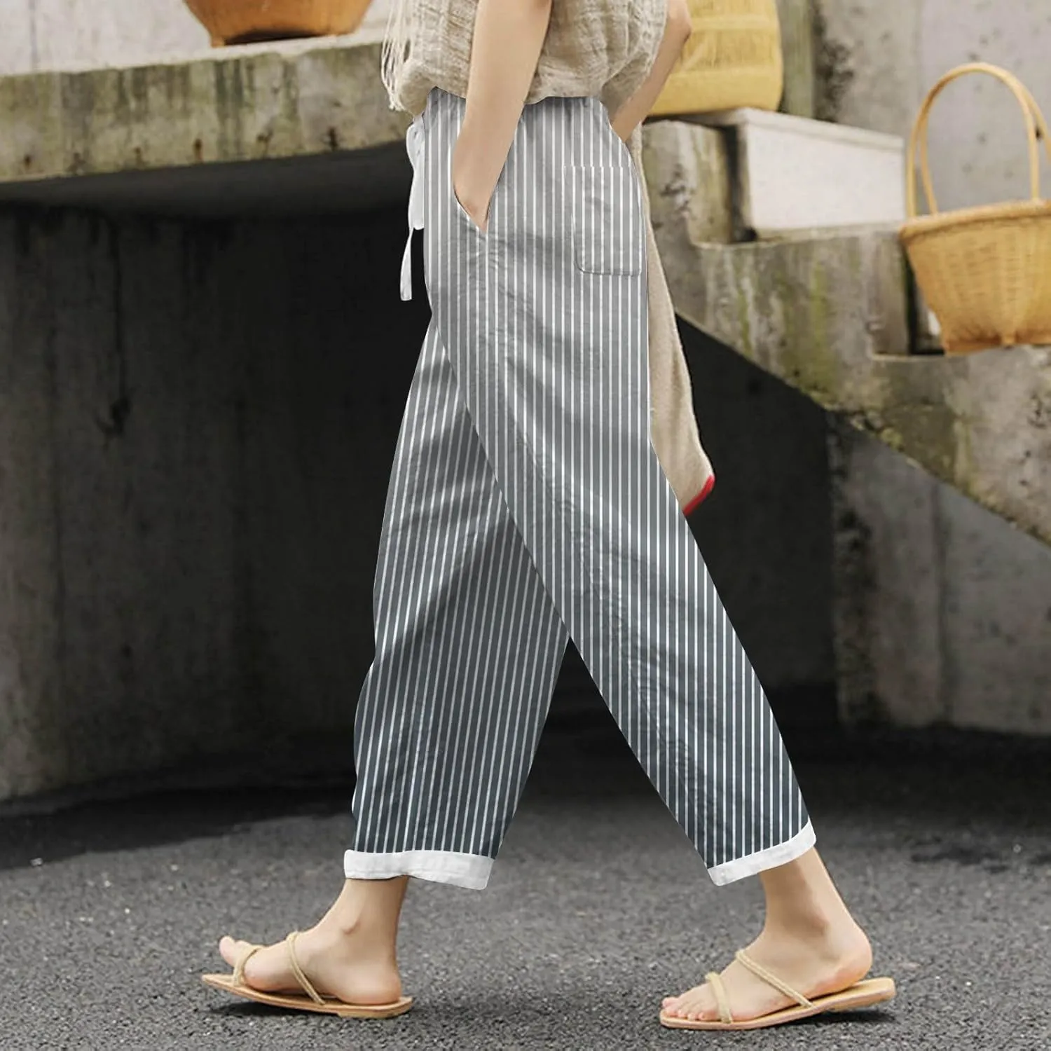 Womens Pants Summer Casual Cotton Linen Striped Print Pants Plus Size High Waist Loose Fit Drawstring Trousers with Pockets