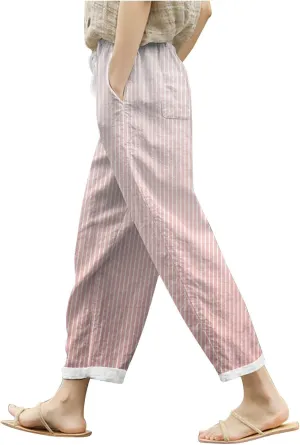 Womens Pants Summer Casual Cotton Linen Striped Print Pants Plus Size High Waist Loose Fit Drawstring Trousers with Pockets