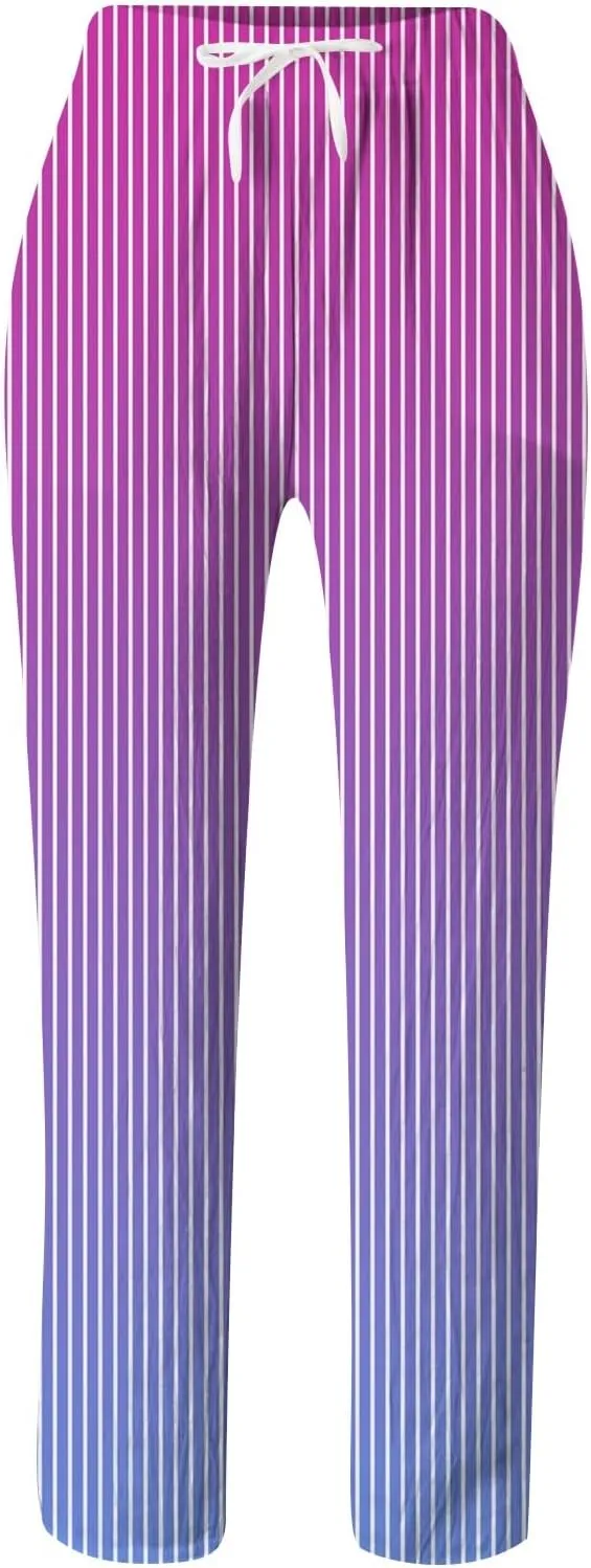 Womens Pants Summer Casual Cotton Linen Striped Print Pants Plus Size High Waist Loose Fit Drawstring Trousers with Pockets