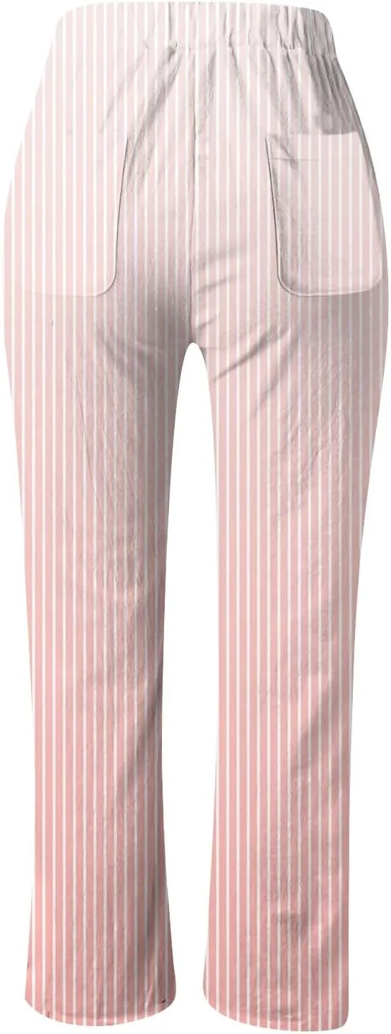 Womens Pants Summer Casual Cotton Linen Striped Print Pants Plus Size High Waist Loose Fit Drawstring Trousers with Pockets