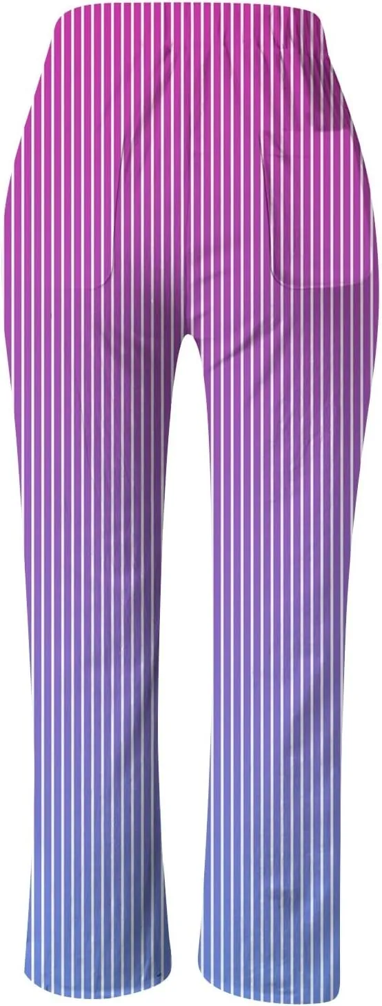 Womens Pants Summer Casual Cotton Linen Striped Print Pants Plus Size High Waist Loose Fit Drawstring Trousers with Pockets