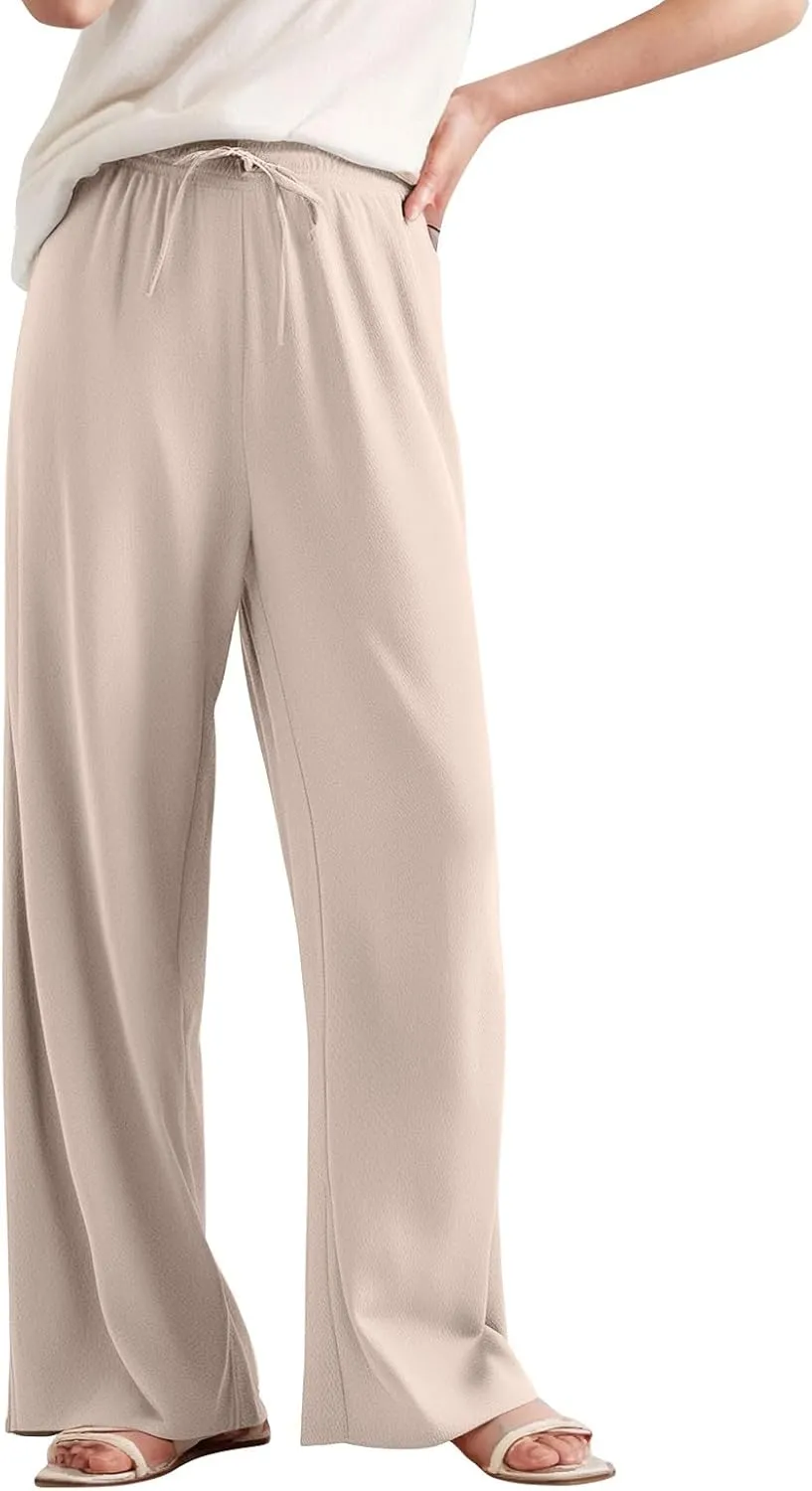 Women's Pants Wide Leg High Waisted Trousers Dressy Casual Drawstring Pleated Pull On Vacation Pants