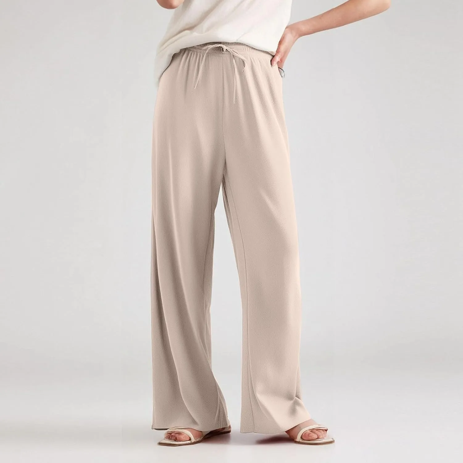 Women's Pants Wide Leg High Waisted Trousers Dressy Casual Drawstring Pleated Pull On Vacation Pants