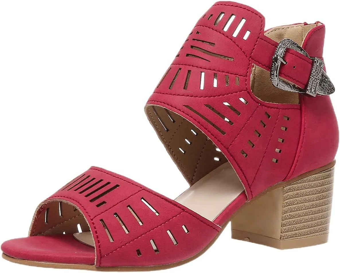 Womens Peep Toe Booties Summer Cutout Side Ankle Strap Buckle Chunky Low Heels Dressy Sandals with Back Zipper High Suede Dress Heel Hollow Out Heeled Stacked Sandal Black Slingback