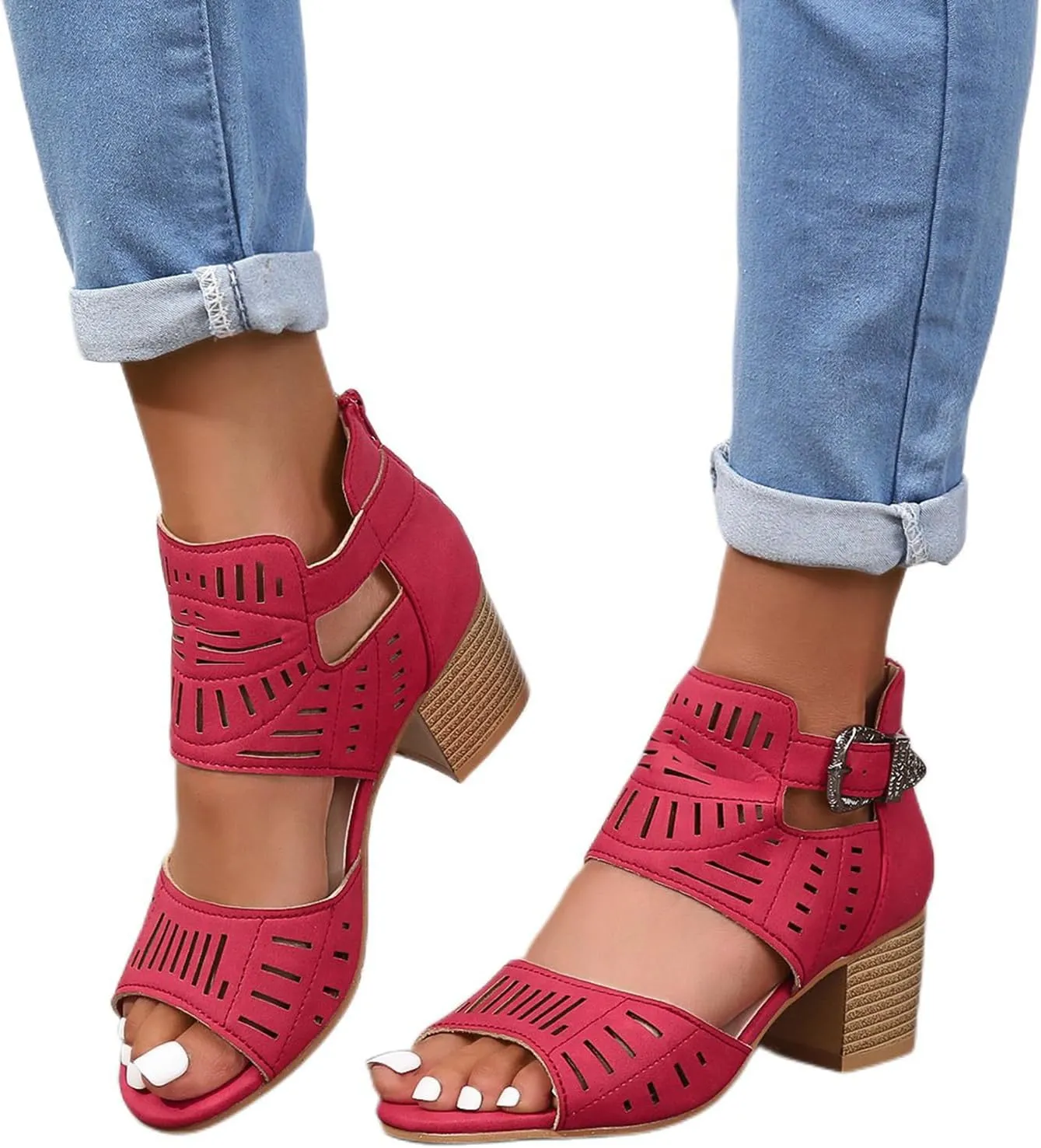 Womens Peep Toe Booties Summer Cutout Side Ankle Strap Buckle Chunky Low Heels Dressy Sandals with Back Zipper High Suede Dress Heel Hollow Out Heeled Stacked Sandal Black Slingback