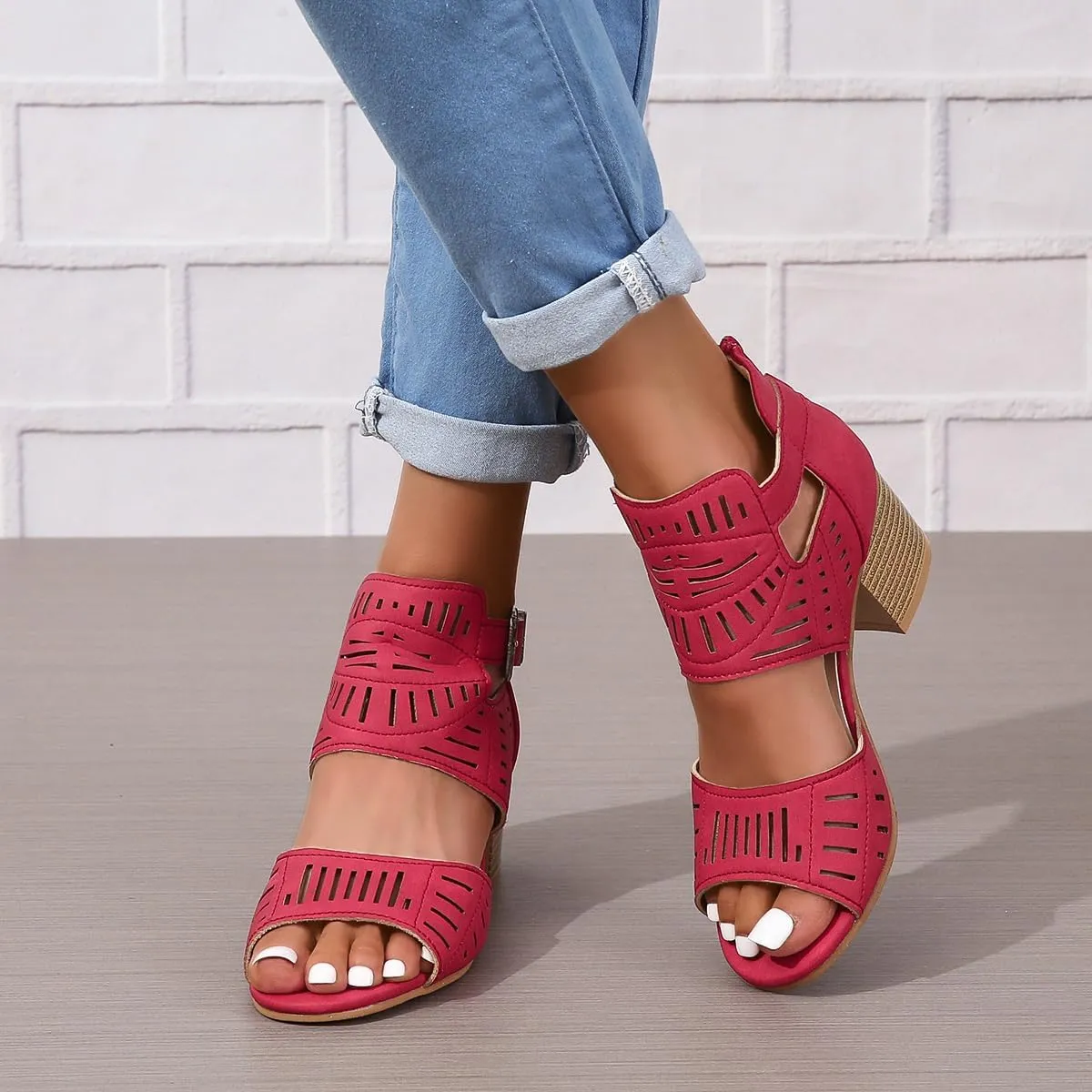 Womens Peep Toe Booties Summer Cutout Side Ankle Strap Buckle Chunky Low Heels Dressy Sandals with Back Zipper High Suede Dress Heel Hollow Out Heeled Stacked Sandal Black Slingback