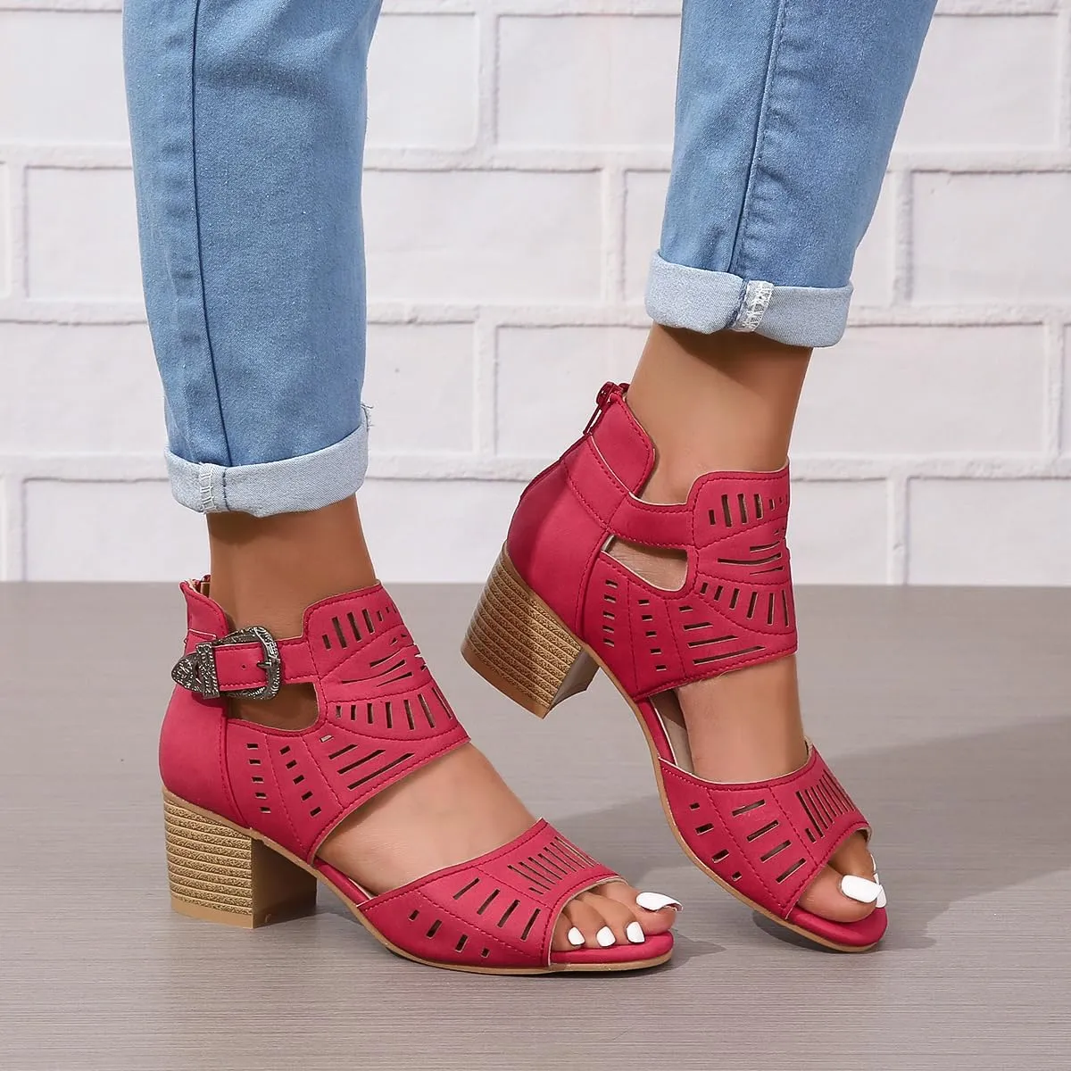 Womens Peep Toe Booties Summer Cutout Side Ankle Strap Buckle Chunky Low Heels Dressy Sandals with Back Zipper High Suede Dress Heel Hollow Out Heeled Stacked Sandal Black Slingback