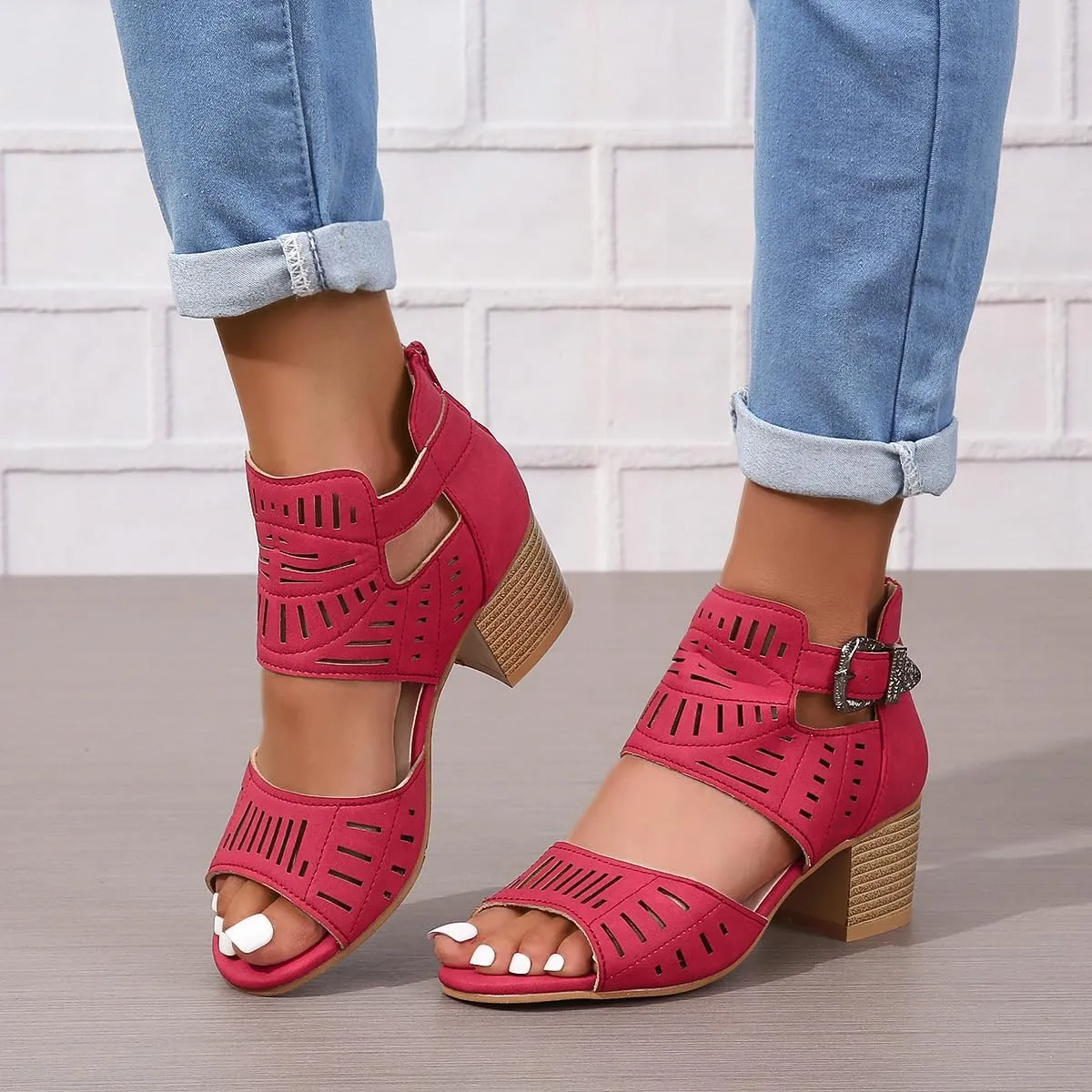 Womens Peep Toe Booties Summer Cutout Side Ankle Strap Buckle Chunky Low Heels Dressy Sandals with Back Zipper High Suede Dress Heel Hollow Out Heeled Stacked Sandal Black Slingback