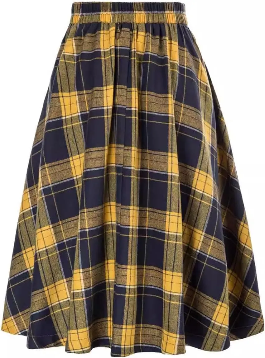 Womens Plaid Midi Skirt Vintage High Waist A Line Pleated Skirt with Pocket