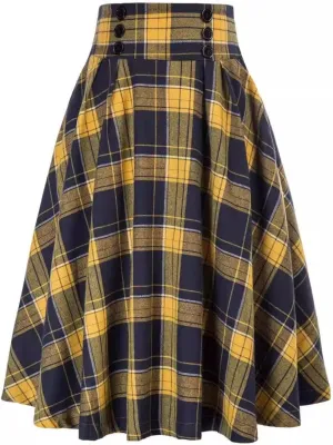 Womens Plaid Midi Skirt Vintage High Waist A Line Pleated Skirt with Pocket