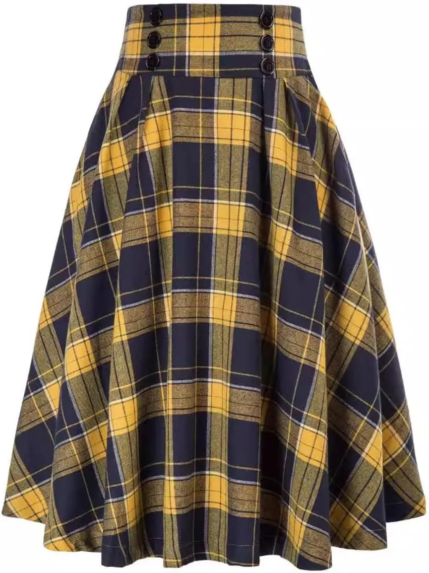 Womens Plaid Midi Skirt Vintage High Waist A Line Pleated Skirt with Pocket
