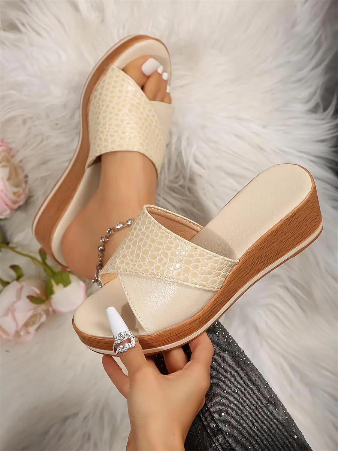 Womens Platform Wedges Sandals Dressy Summer Open Toe Slip On Low Heels Slides Beach Sandals Walking Shoes Outdoor