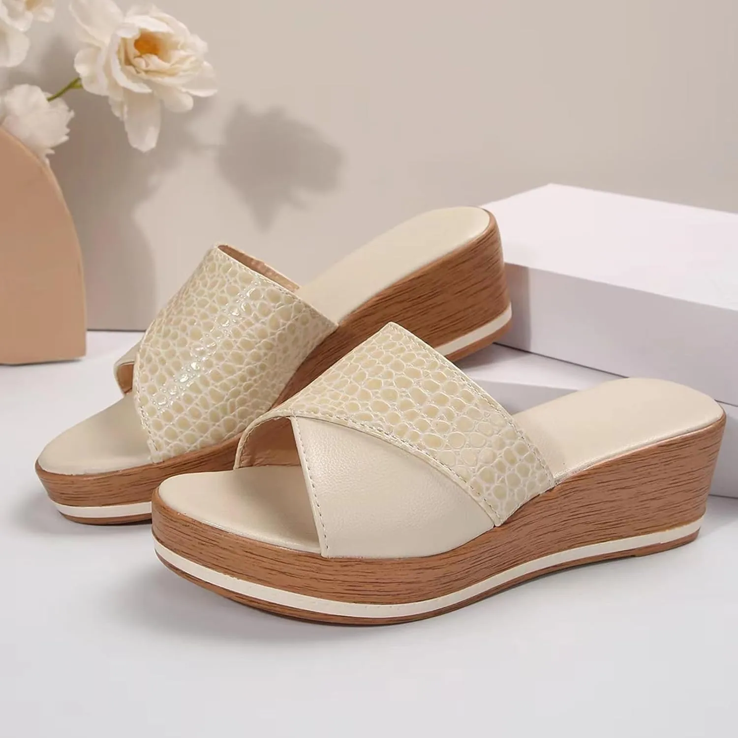 Womens Platform Wedges Sandals Dressy Summer Open Toe Slip On Low Heels Slides Beach Sandals Walking Shoes Outdoor