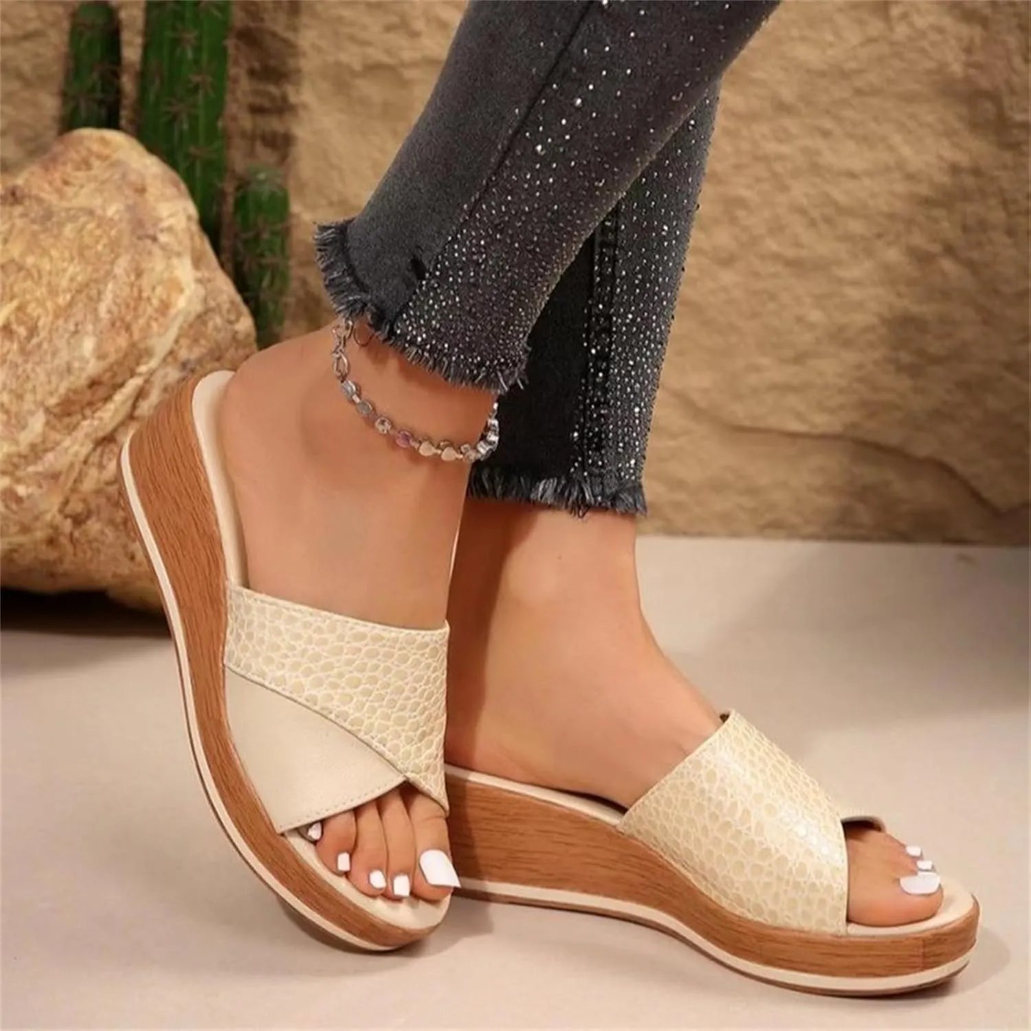 Womens Platform Wedges Sandals Dressy Summer Open Toe Slip On Low Heels Slides Beach Sandals Walking Shoes Outdoor