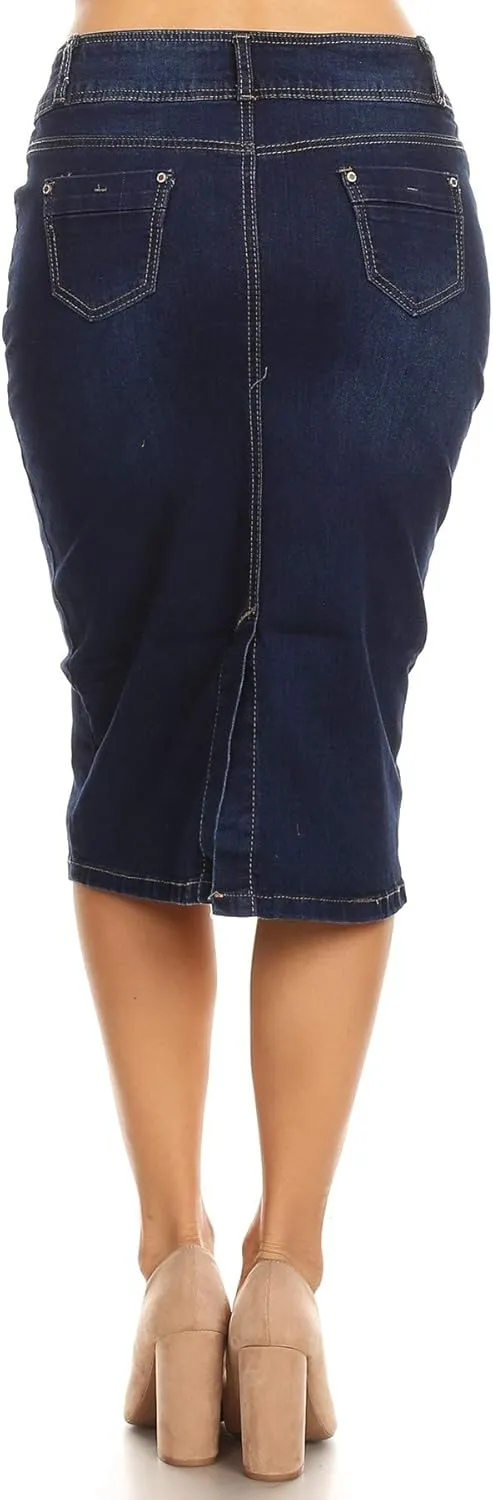 Womens Plus/Juniors Mid Waist Below Knee Length Denim Skirt in Pencil Silhouette