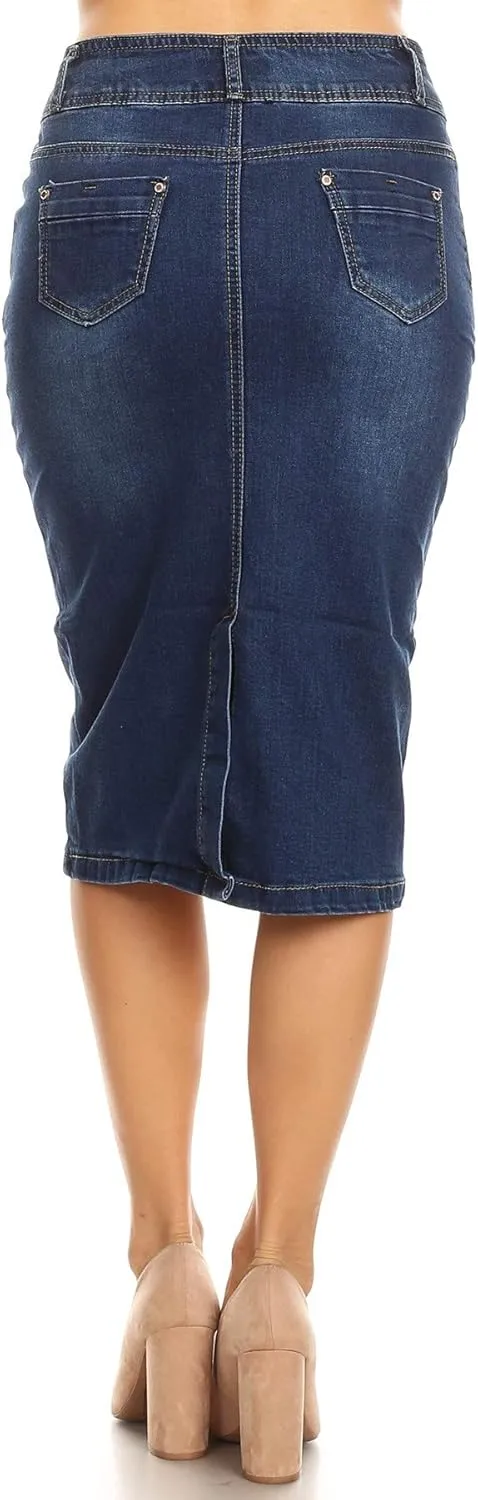 Womens Plus/Juniors Mid Waist Below Knee Length Denim Skirt in Pencil Silhouette