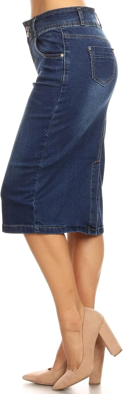 Womens Plus/Juniors Mid Waist Below Knee Length Denim Skirt in Pencil Silhouette