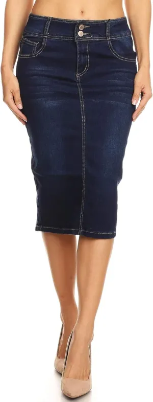 Womens Plus/Juniors Mid Waist Below Knee Length Denim Skirt in Pencil Silhouette