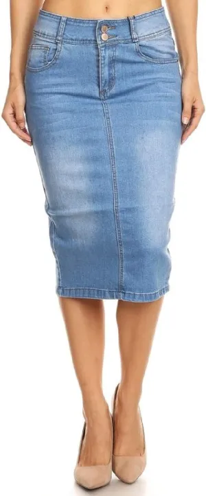 Womens Plus/Juniors Mid Waist Below Knee Length Denim Skirt in Pencil Silhouette