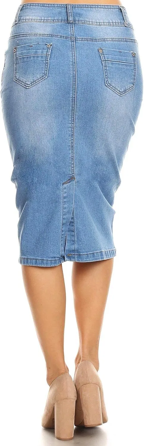 Womens Plus/Juniors Mid Waist Below Knee Length Denim Skirt in Pencil Silhouette