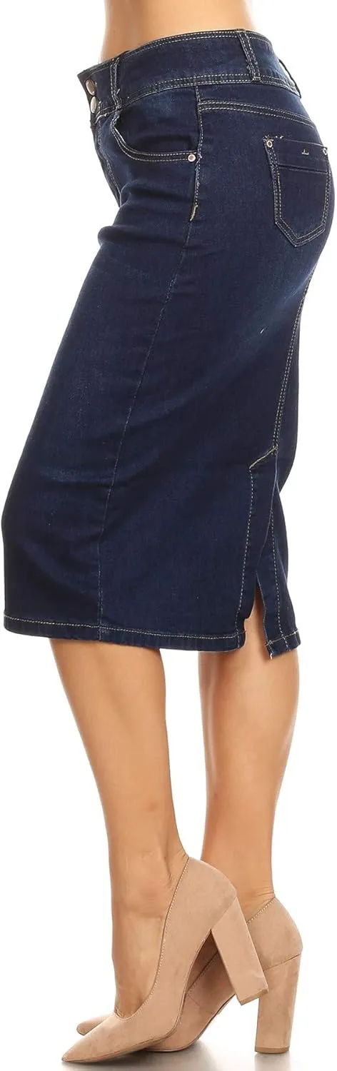 Womens Plus/Juniors Mid Waist Below Knee Length Denim Skirt in Pencil Silhouette