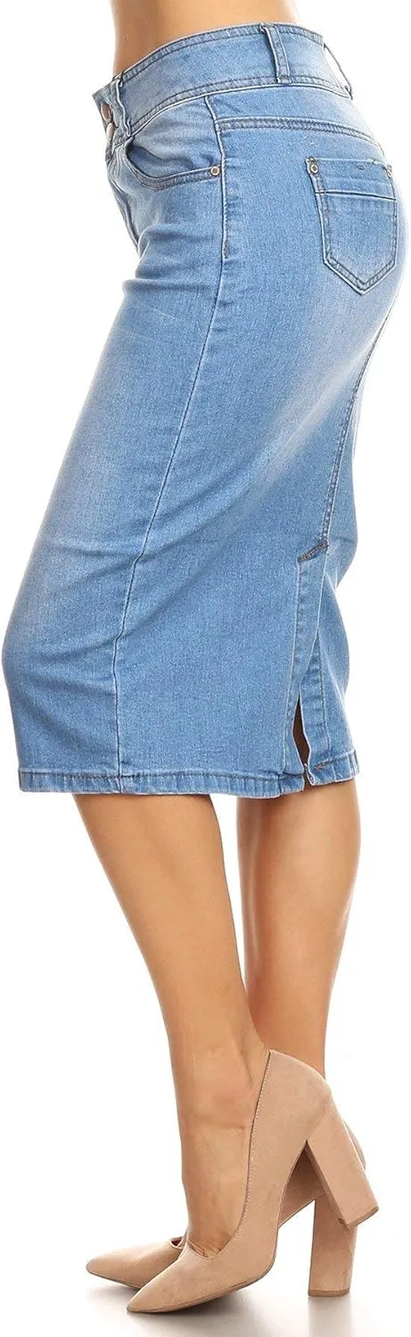 Womens Plus/Juniors Mid Waist Below Knee Length Denim Skirt in Pencil Silhouette