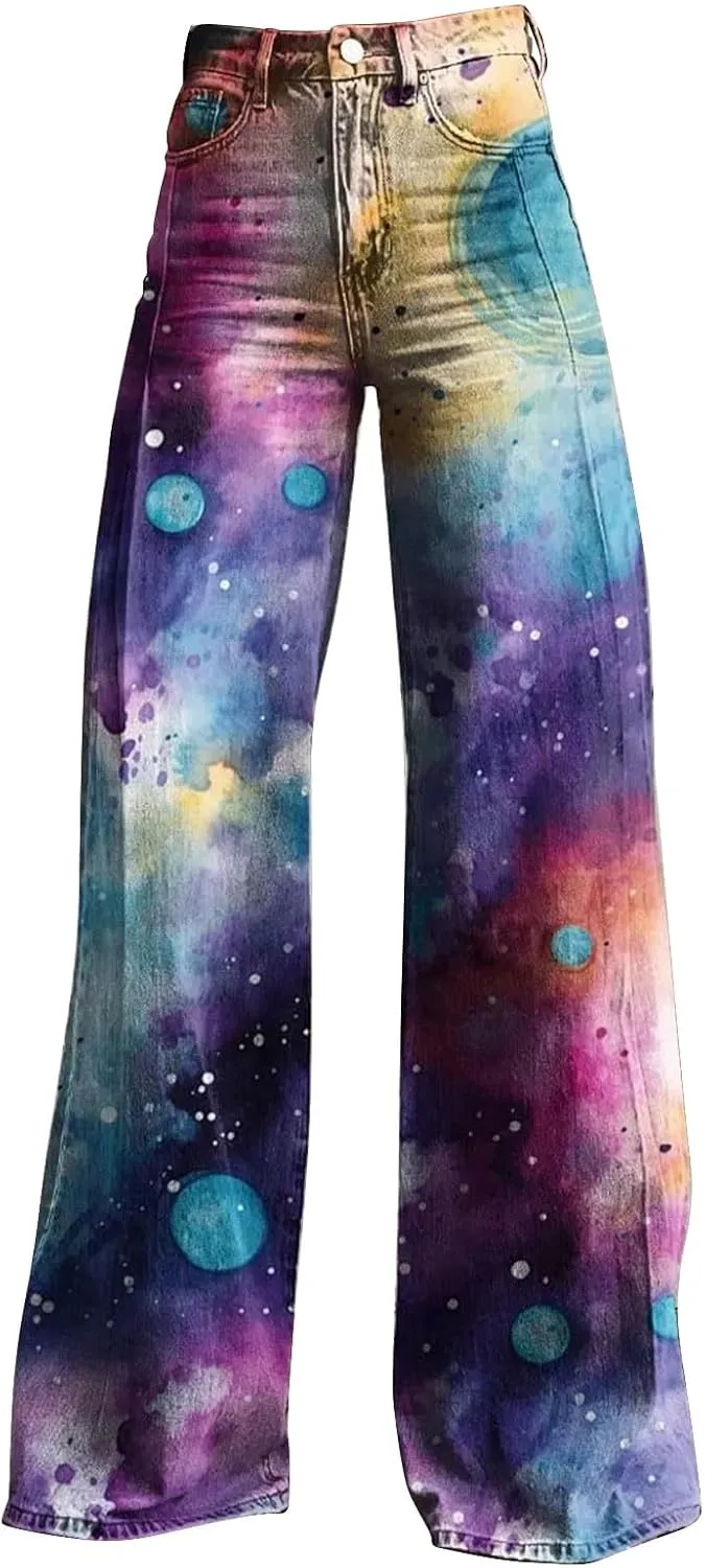 Women's Print Straight Hippie Pants High Waist Casual Trendy Wide Leg Trousers Loose Tie Dye Pants Vintage Cargo Pants