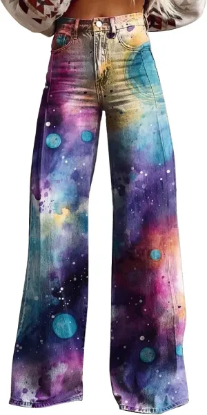 Women's Print Straight Hippie Pants High Waist Casual Trendy Wide Leg Trousers Loose Tie Dye Pants Vintage Cargo Pants