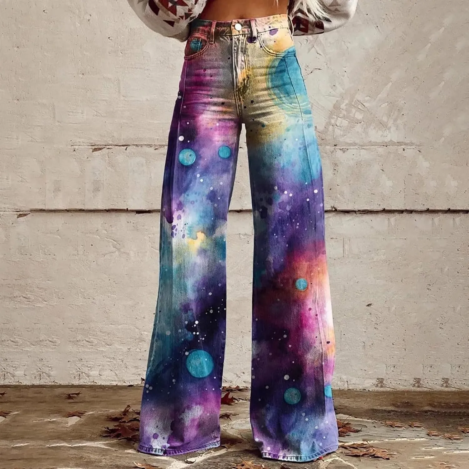 Women's Print Straight Hippie Pants High Waist Casual Trendy Wide Leg Trousers Loose Tie Dye Pants Vintage Cargo Pants