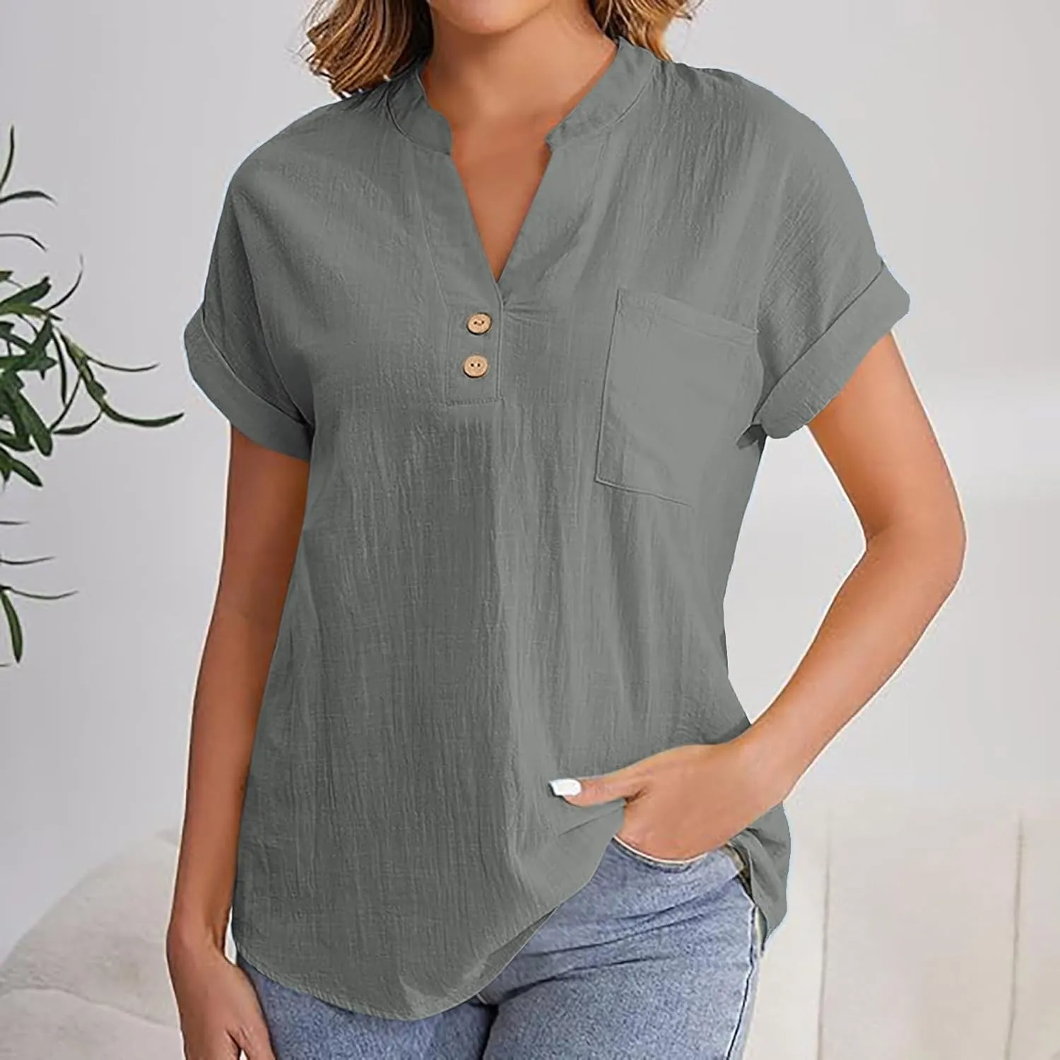 Womens Short Sleeve T-Shirts Summer Cotton Linen Simple Tops Casual Tunic Tee V Neck Basic Workout Clothes Outfits