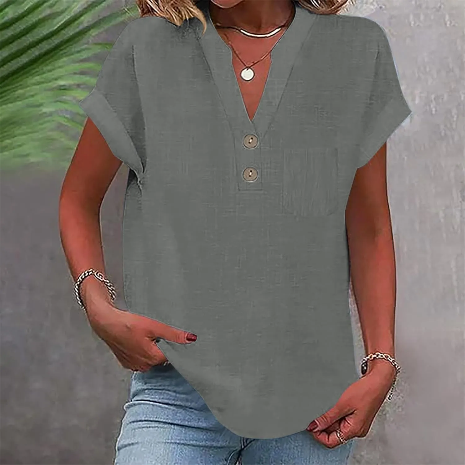 Womens Short Sleeve T-Shirts Summer Cotton Linen Simple Tops Casual Tunic Tee V Neck Basic Workout Clothes Outfits