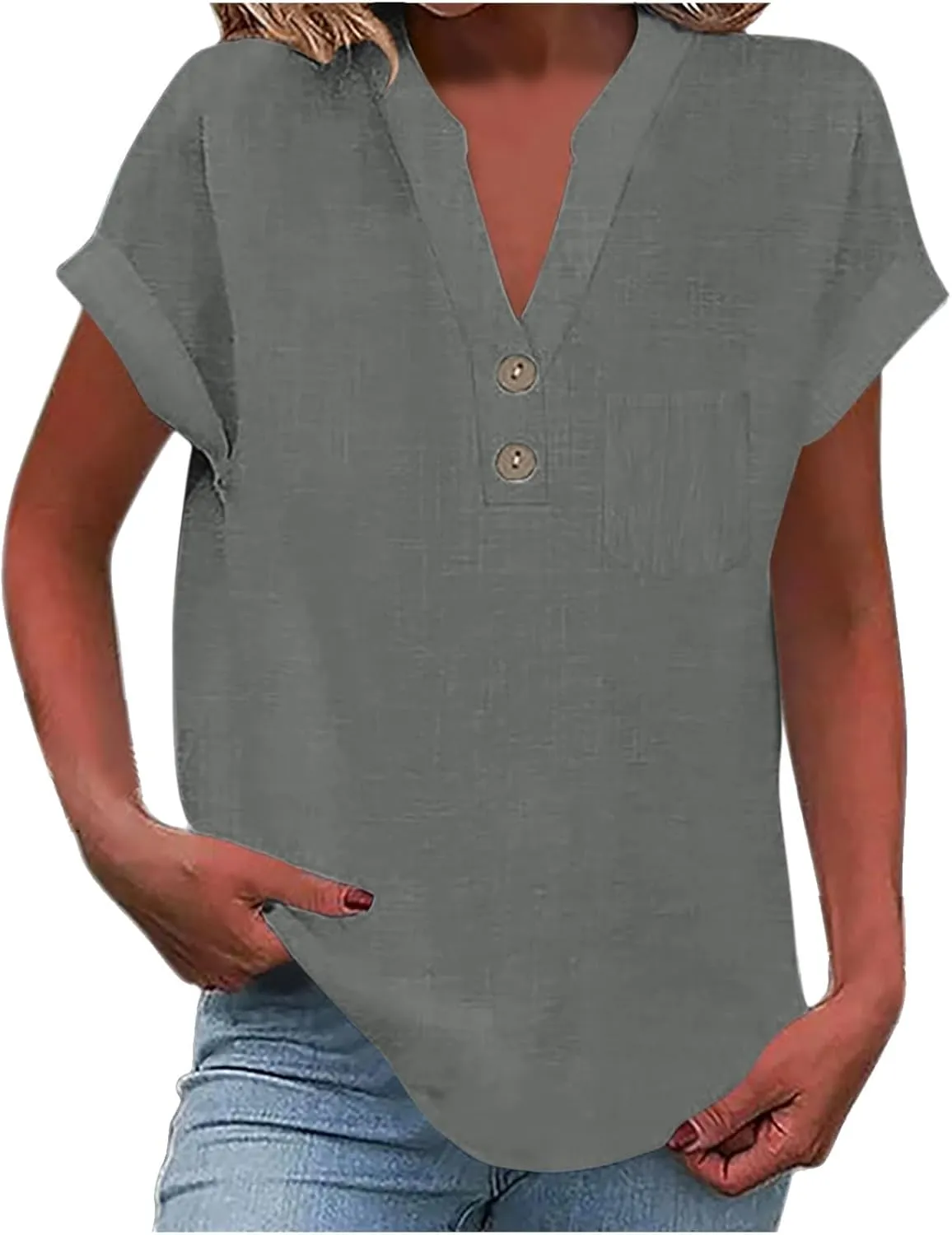 Womens Short Sleeve T-Shirts Summer Cotton Linen Simple Tops Casual Tunic Tee V Neck Basic Workout Clothes Outfits