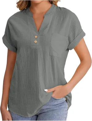 Womens Short Sleeve T-Shirts Summer Cotton Linen Simple Tops Casual Tunic Tee V Neck Basic Workout Clothes Outfits