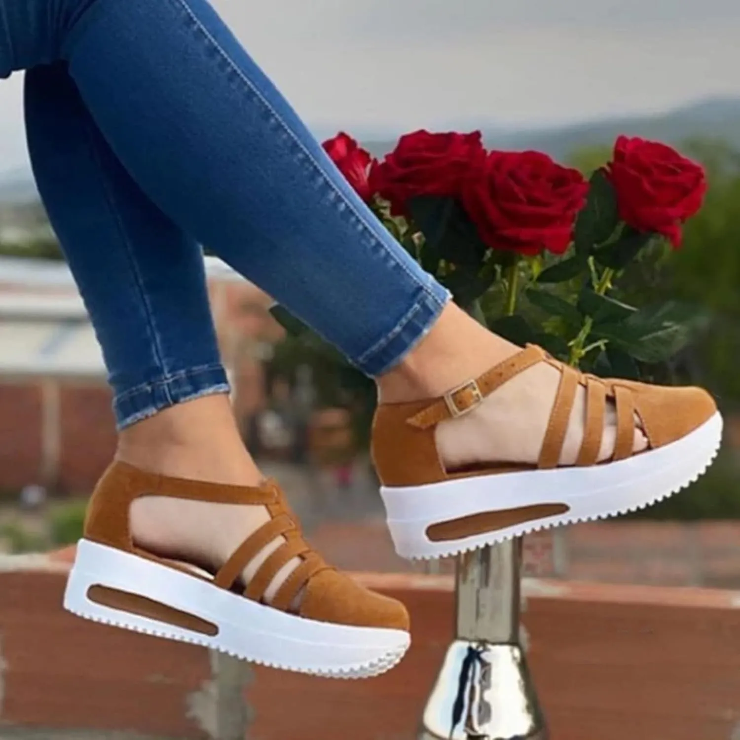 Women's Slip-on Platform Sandals Dressy Summer Closed ToeSandals Ankle Strap Walking Shoes Canvas Orthopedic Sandals