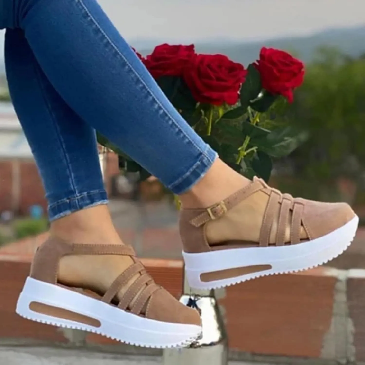 Women's Slip-on Platform Sandals Dressy Summer Closed ToeSandals Ankle Strap Walking Shoes Canvas Orthopedic Sandals