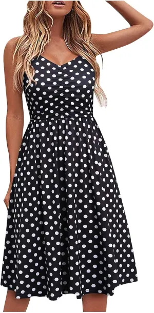 Womens Spaghetti Strap Summer Dress Sleeveless V Neck Sundress Pleated A Line Midi Dress Sexy Beach Vacation Outfits