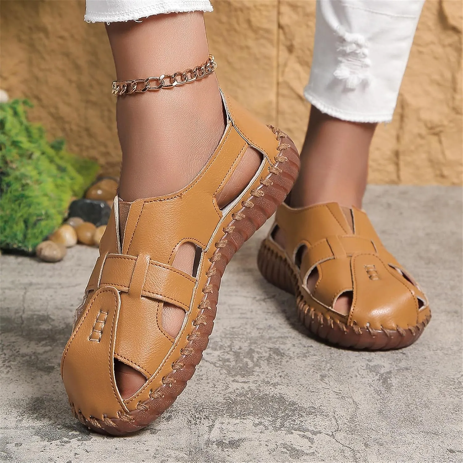Womens Sport Sandals Closed Toe Breathable Outdoor Fisherman Shoes Summer Casual Non-Slip Leather Loafters Beach Walking