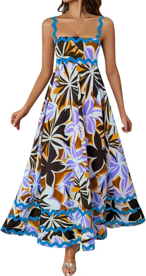 Womens Spring Maxi Dress Fit and Flare Square Neck Long Flowy Dress Sundress Spaghetti Strap Vacation Maxi Dresses
