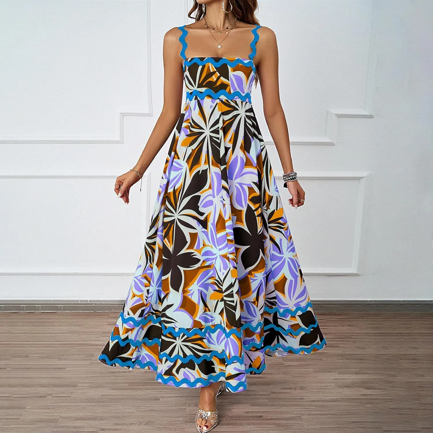 Womens Spring Maxi Dress Fit and Flare Square Neck Long Flowy Dress Sundress Spaghetti Strap Vacation Maxi Dresses